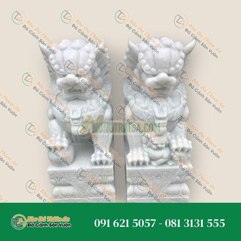 Cặp Kỳ Lân Phong Thủy Gác Cổng Đá Cẩm Thạch Trắng Xám – Cao 1,2m | Bảo Vệ và Tài Lộc