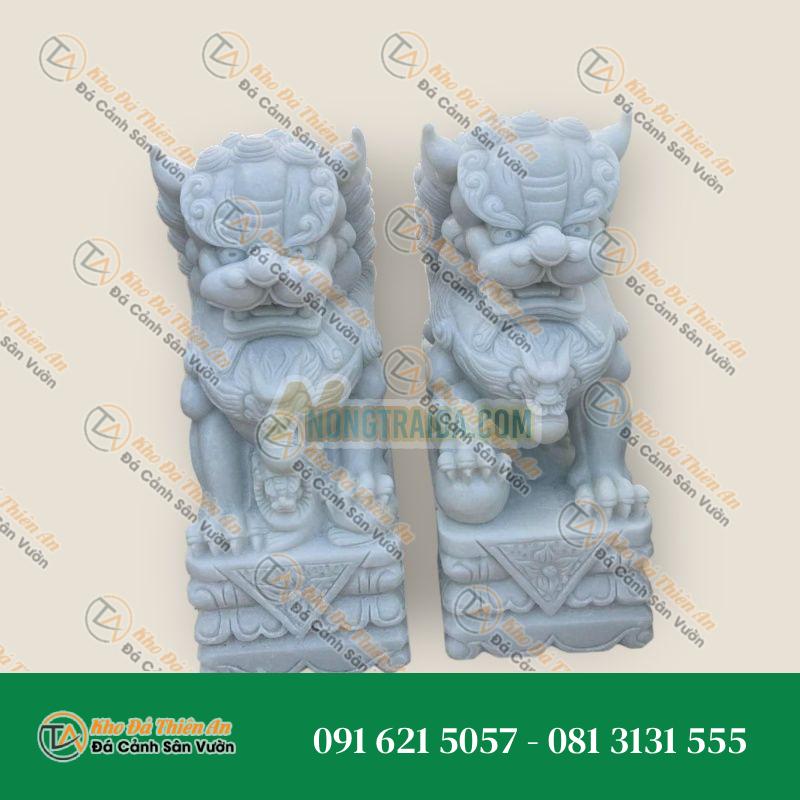 Cặp Kỳ Lân Phong Thủy Gác Cổng Đá Cẩm Thạch Trắng Xanh 70cm | Tài Lộc & Bảo Vệ