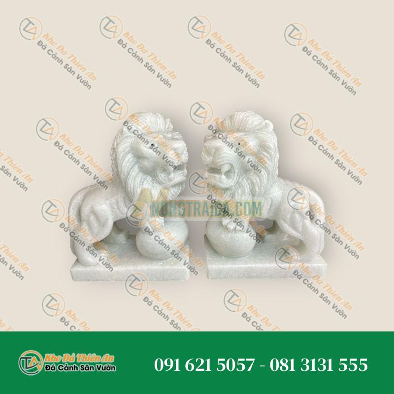 Cặp Sư Tử Ngồi Đá Cẩm Thạch Trắng 40cm – Bảo Vệ & Phong Thủy Gác Cổng