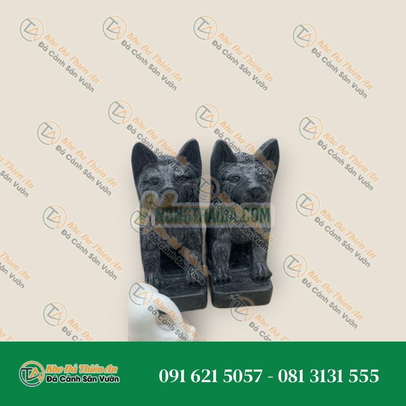 Cặp Tượng Chó Đá Phong Thủy Cẩm Thạch Vân Đen 50cm | Gác Cổng Đền, Đình, Mộ