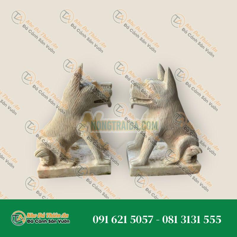 Cặp Tượng Chó Đá Phong Thủy Cẩm Thạch Vàng Cà Rốt 40cm | Gác Cổng & Tài Lộc