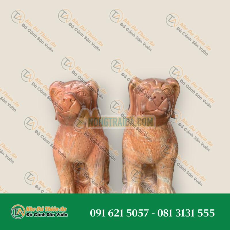 Cặp Tượng Chó Đá Phong Thủy Đá Cẩm Thạch Vàng Cà Rốt Gác Cổng – Cao 40cm