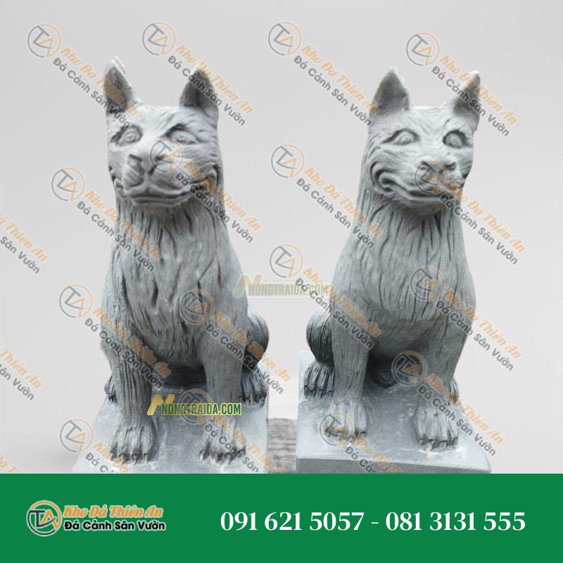 Cặp Tượng Chó Ngồi Đá Sa Thạch Xám 58cm | Phong Thủy Tài Lộc & May Mắn