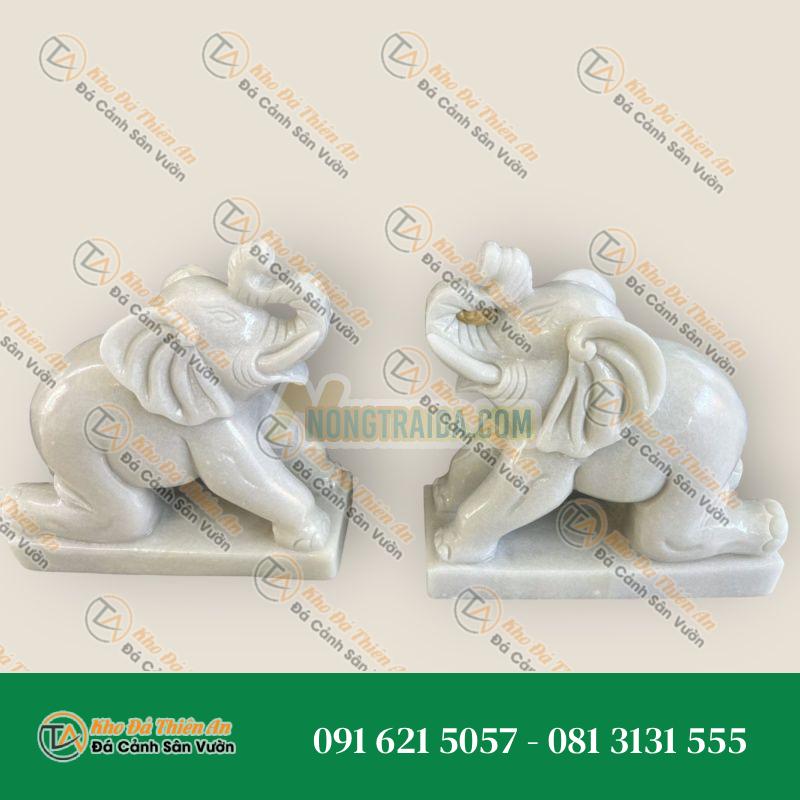 Cặp Tượng Voi Phong Thủy Gác Cổng Đá Cẩm Thạch Trắng – Dài 30cm – Khodathienan.com
