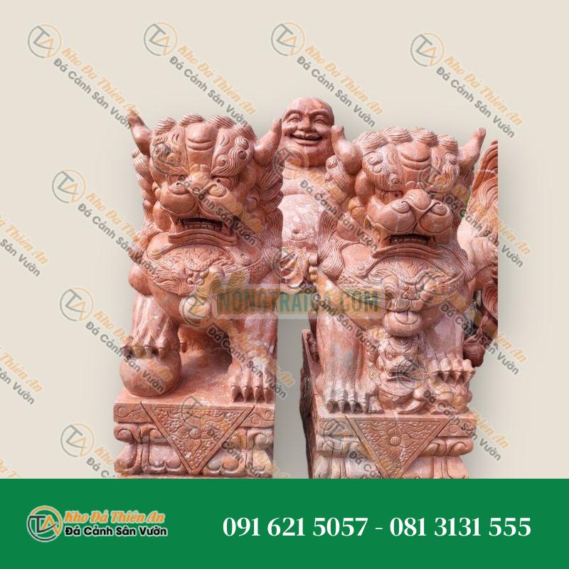 Cặp Tượng Kỳ Lân Phong Thủy Đá Cẩm Thạch Vân Đỏ 1,2m | Tài Lộc & Bảo Vệ