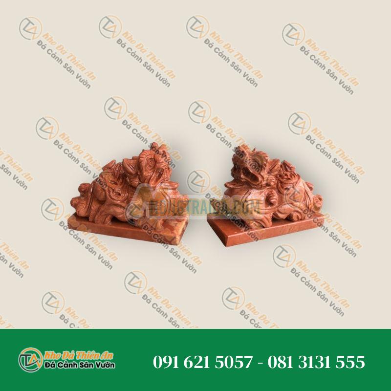 Cặp Tỳ Hưu Phong Thủy Tài Lộc Đá Cẩm Thạch Vân Đỏ Có Đế Đá – Dài 15cm