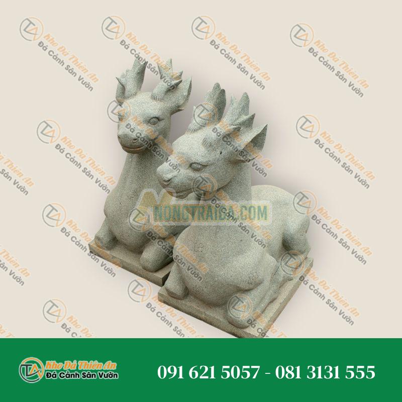 Cặp Hươu Nằm Đá Granite Xanh Khắc Tay 80x56x40cm | Phong Thủy Tài Lộc & Bình An