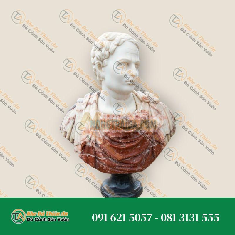 Tượng Bán Thân Hoàng Đế La Mã Bằng Đá Carrara Trắng và Đá Alicante Đỏ Chạm Khắc Thủ Công – 78x67x25cm
