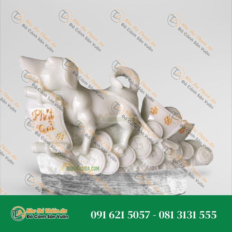 Tượng Chó Đá Trắng – Công Thỏi Vàng – 28cm – Khodathienan.com