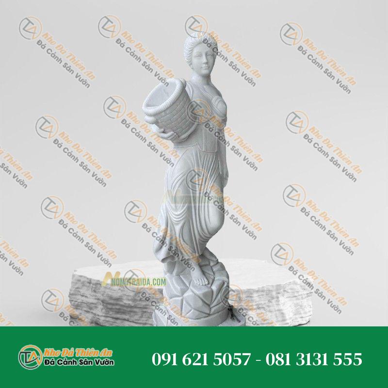 Tượng Cô Gái Ôm Bó Hoa Bằng Đá Trắng Yên Bái – Cao 173cm