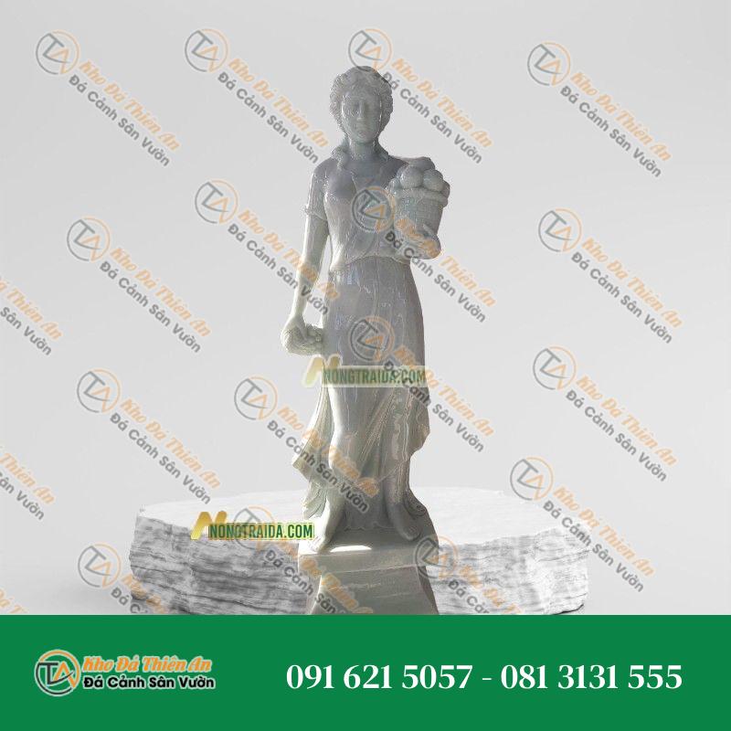 Tượng Cô Gái Ôm Hoa Bằng Đá Cẩm Thạch Trắng – Cao 175cm