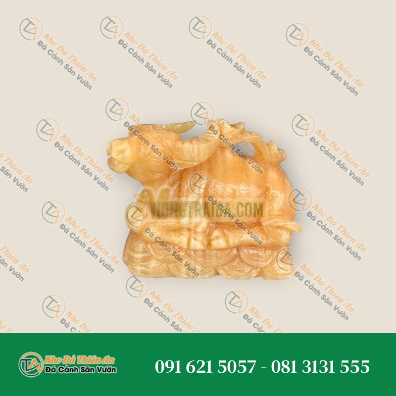 Tượng Trâu Giáp Cõng Gậy Như Ý Phong Thủy Đá Ngọc Hoàng Long – Dài 12cm