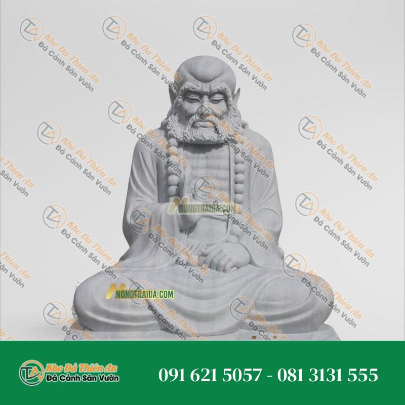 Tượng Đá Đạt Ma Sư Tổ Ngồi Thiền Đá Trắng Vân Xám | Kích Thước 59cm, Tâm Linh & An Lạc