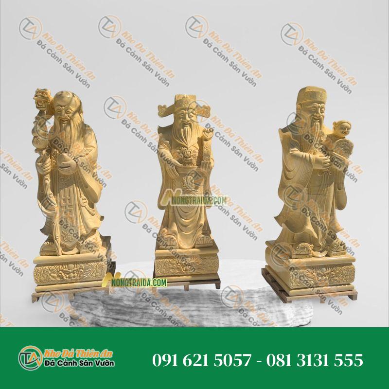 Tượng Phúc Lộc Thọ – Đá Vàng Vân Gỗ 157cm – Kiểu Dáng Độc Đáo, Phong Cách | Khodathienan.com