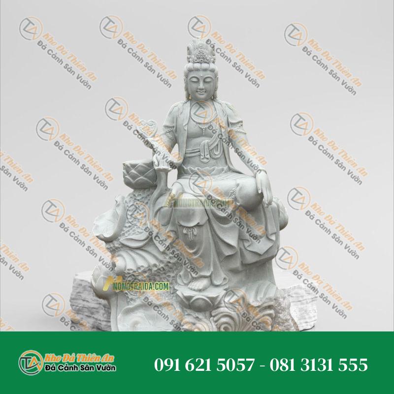 Tượng Quan Âm Tự Tại Đá Trắng Vân – 249cm – Khodathienan.com