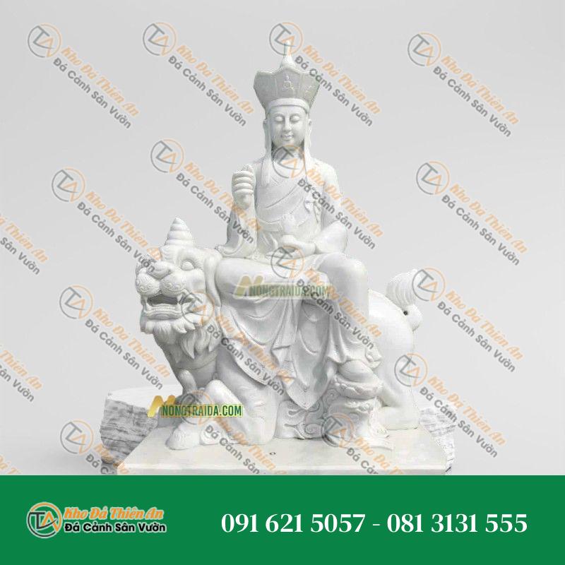 Tượng Địa Tạng Vương Bồ Tát Cưỡi Đề Thính Đá Trắng, Cao 115cm | Khodathienan.com