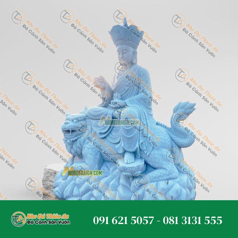 Tượng Địa Tạng Vương Bồ Tát Cưỡi Đề Thính Đá Trắng Xanh – Cao 146cm