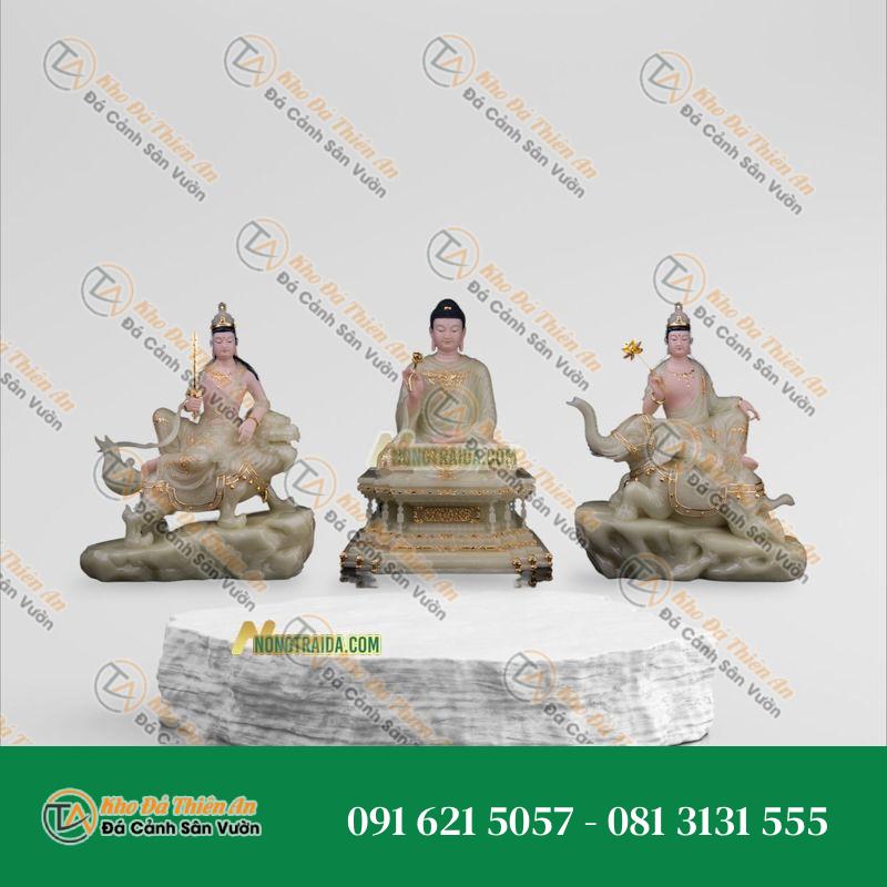 Tượng Hoa Nghiêm Tam Thánh Ngồi Đá Trắng Onyx Xanh | Kích Thước 44cm, Tâm Linh & Tinh Tế