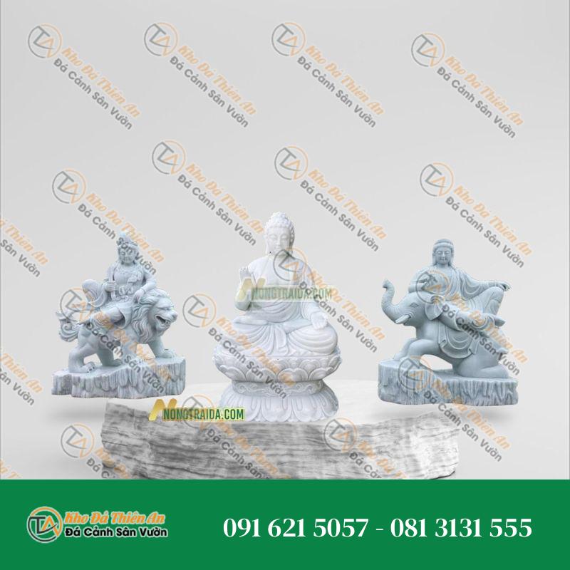 Tượng Hoa Nghiêm Tam Thánh Ngồi – Đá Trắng Xanh – 90cm | Khodathienan.com