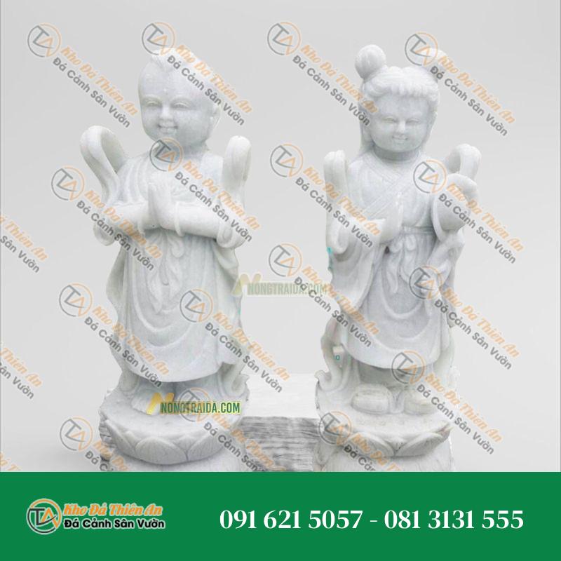 Tượng Kim Đồng Ngọc Nữ Đá Trắng Cẩm Thạch 117cm – Mang Lại May Mắn & Thịnh Vượng – Khodathienan.com