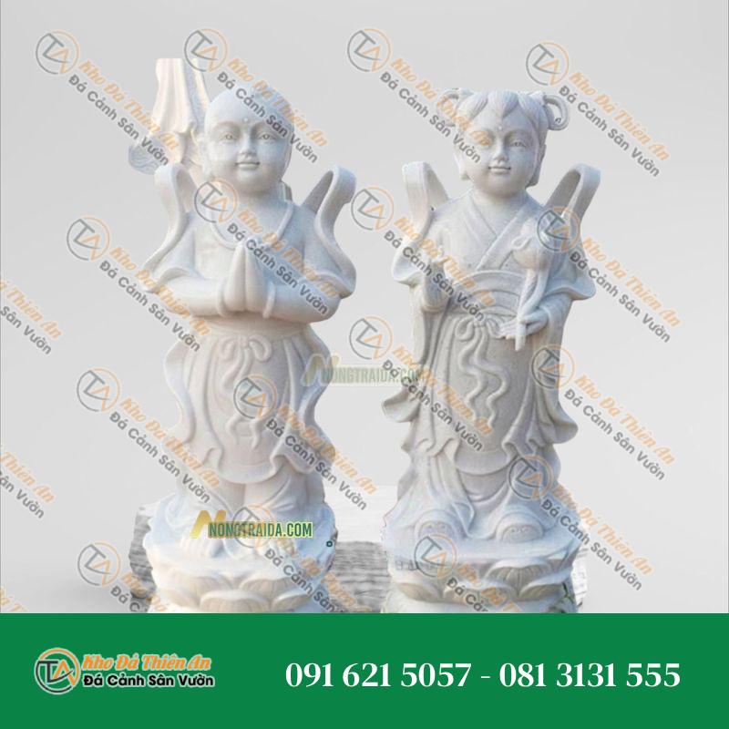Tượng Kim Đồng Ngọc Nữ Bằng Đá Trắng Muối – Cao 125cm