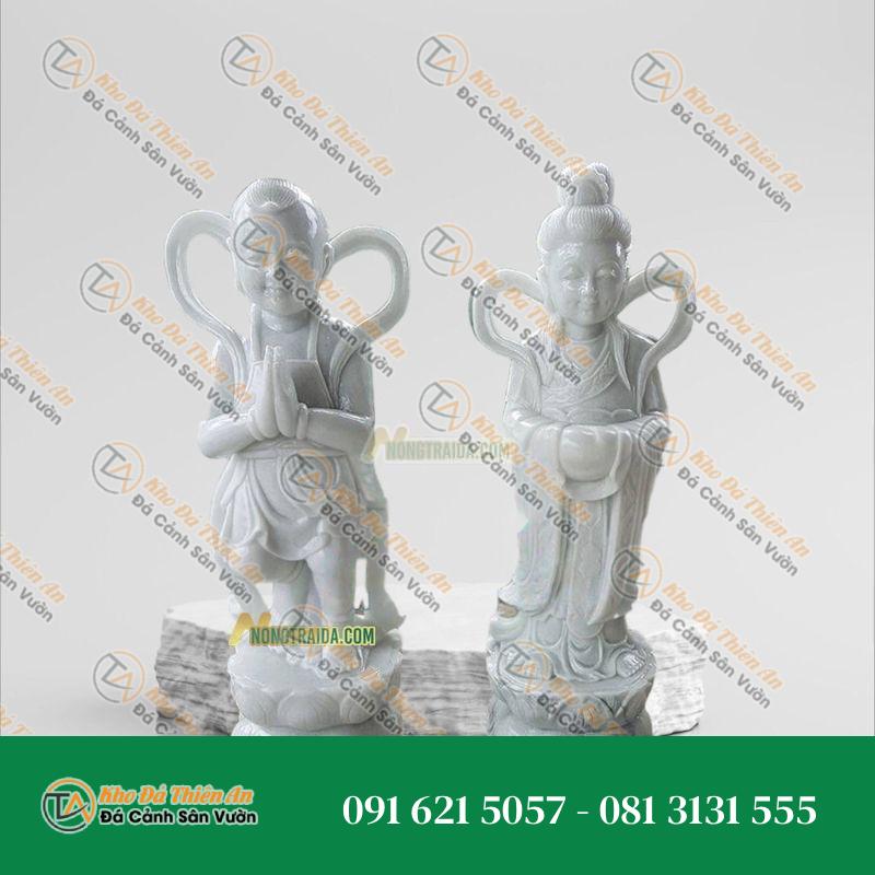 Tượng Kim Đồng Ngọc Nữ Đá Trắng Muối 128cm – Nét Đẹp Tự Nhiên Cho Không Gian Sống – Khodathienan.com