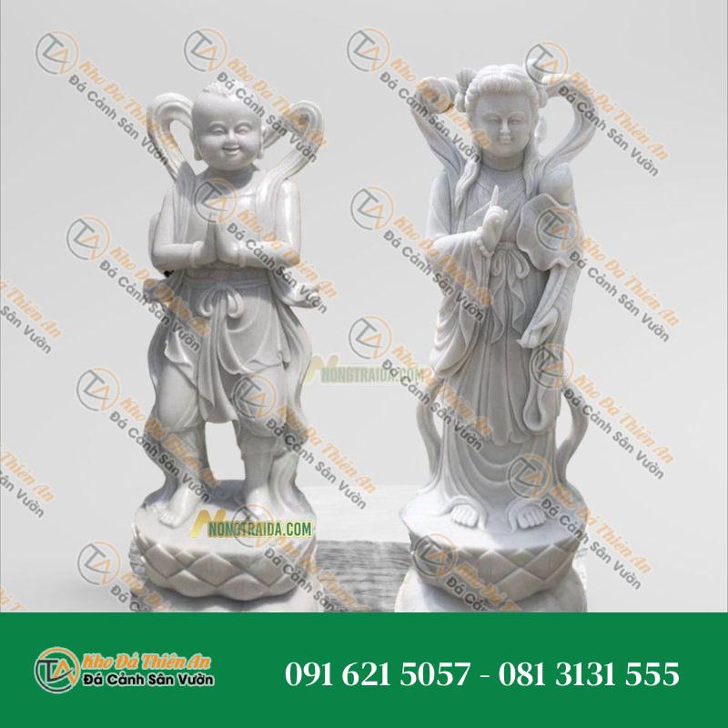 Tượng Kim Đồng Ngọc Nữ Đá Trắng Nghệ An 156cm – Hoành Tráng & Ấn Tượng – Khodathienan.com