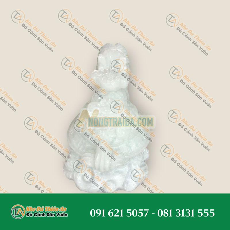 Tượng Long Quy Rùa Đầu Rồng Cõng Gậy Như Ý Đá Cẩm Thạch Trắng 20cm | Phong Thủy Tài Lộc