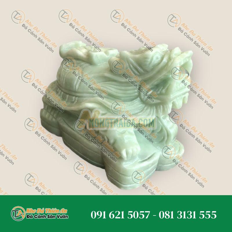 Tượng Long Quy Rùa Đầu Rồng Cõng Gậy Như Ý Đá Cẩm Thạch Trắng Xanh 15cm | Phong Thủy Tài Lộc