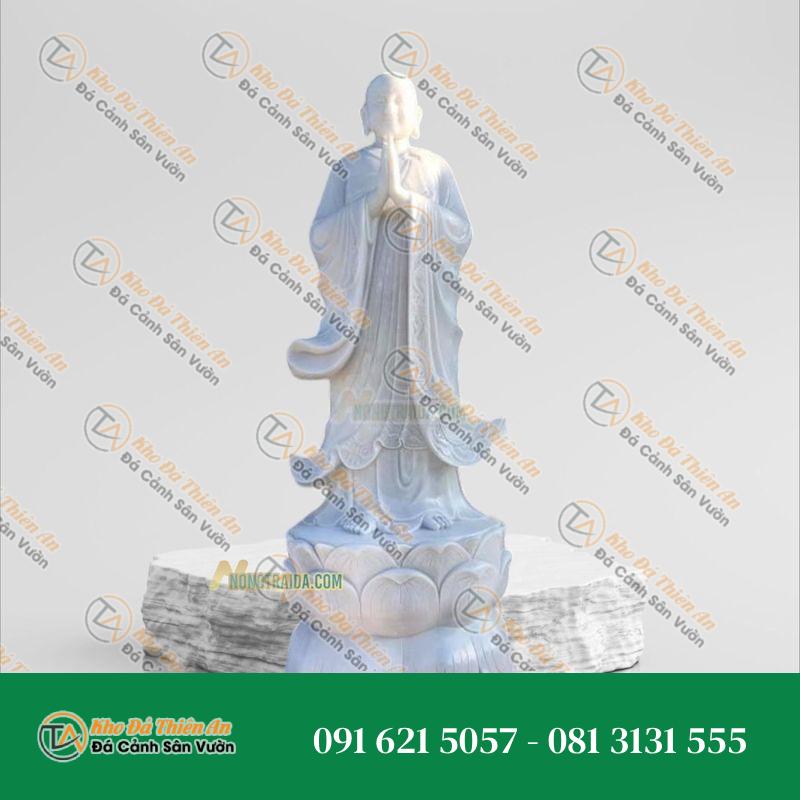 Tượng Mục Kiền Liên Bồ Tát Đứng Bằng Đá Trắng | Kích Thước 199cm, Tâm Linh & Uy Nghiêm