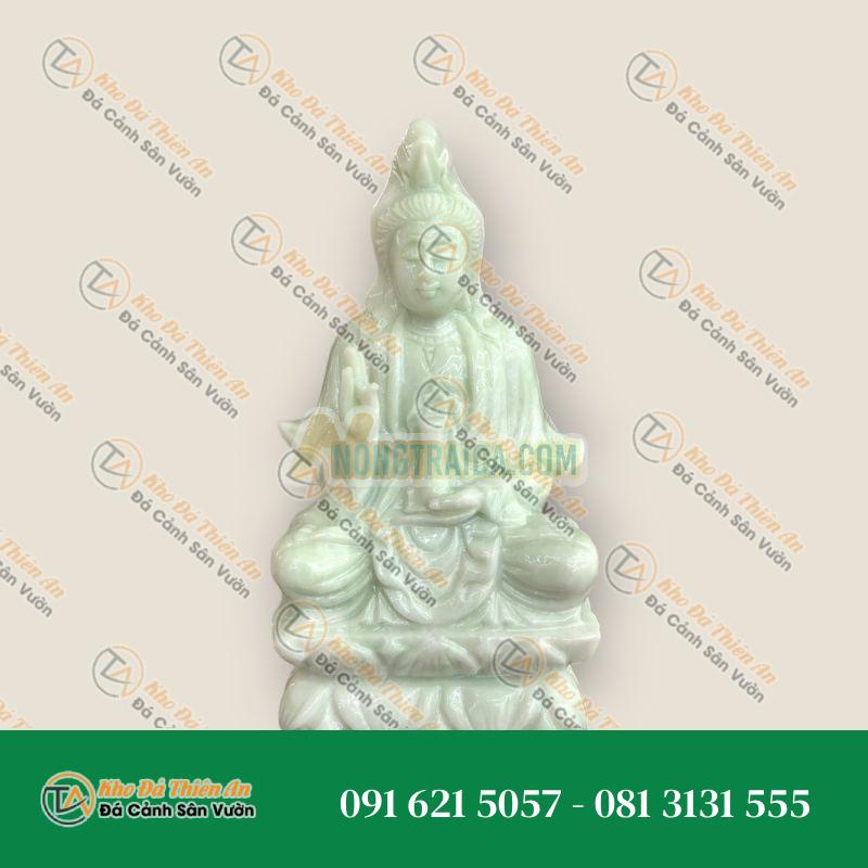 Tượng Quan Âm Ngồi Đài Sen Cẩm Thạch Trắng Xanh 20cm – Bình An, May Mắn | Khodathienan.com