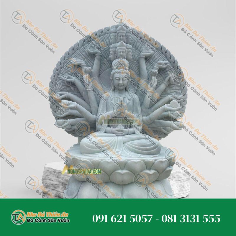 Tượng Quan Âm Thiên Thủ Thiên Nhãn Đá Cẩm Thạch Trắng Xanh 1.76m | Khodathienan.com