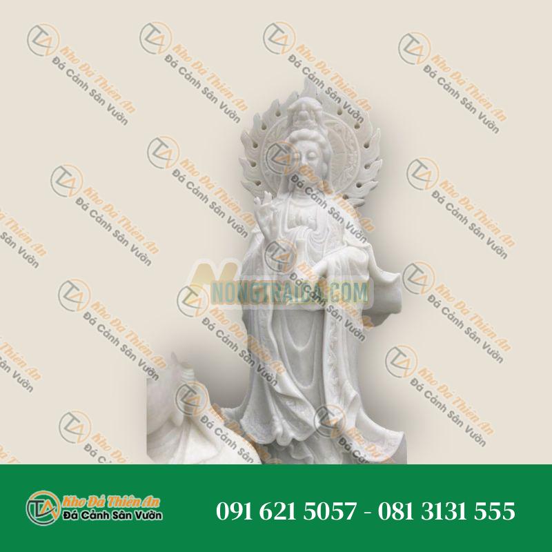 Tượng Phật Bà Quan Thế Âm Bồ Tát Hào Quang Đứng Đài Sen Đá Cẩm Thạch Trắng 2,2m