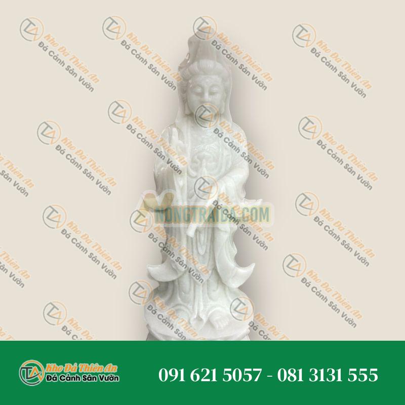 Tượng Phật Bà Quan Thế Âm Bồ Tát Đứng Đài Sen Cầu Bình An Đá Cẩm Thạch Trắng 40cm