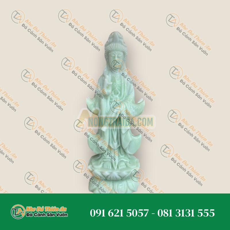 Tượng Phật Bà Quan Thế Âm Bồ Tát Đứng Đài Sen Cầu Bình An Đá Cẩm Thạch Trắng Xanh 25cm