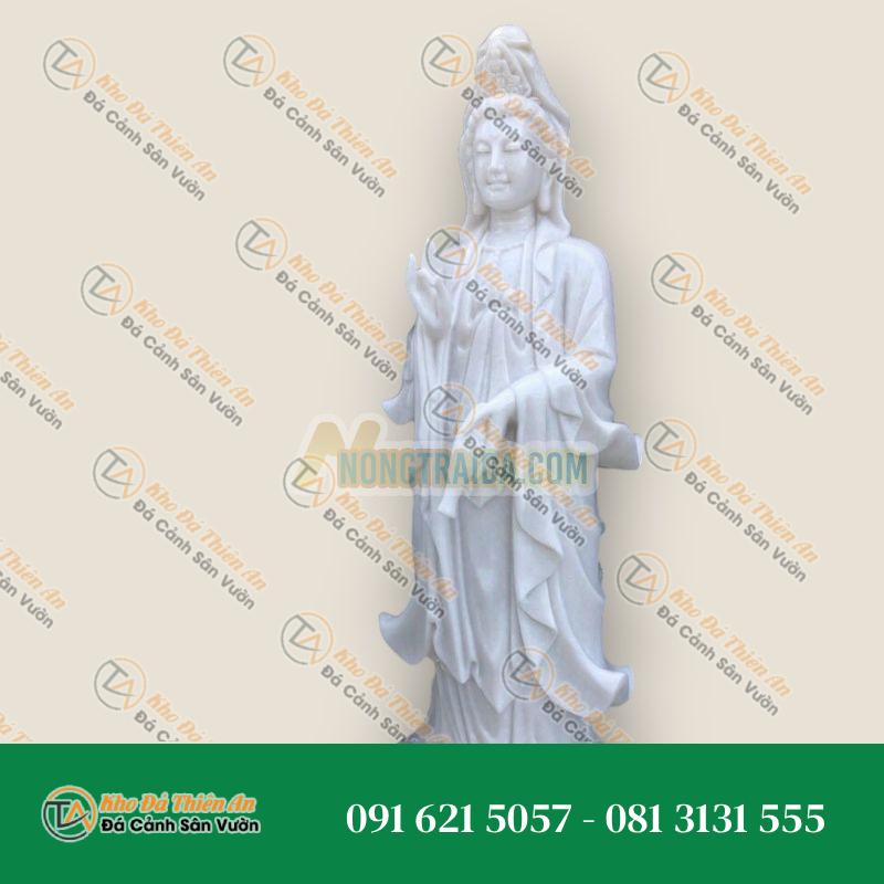 Tượng Phật Bà Quan Thế Âm Bồ Tát Đứng Đài Sen Đá Cẩm Thạch Trắng 1,4m