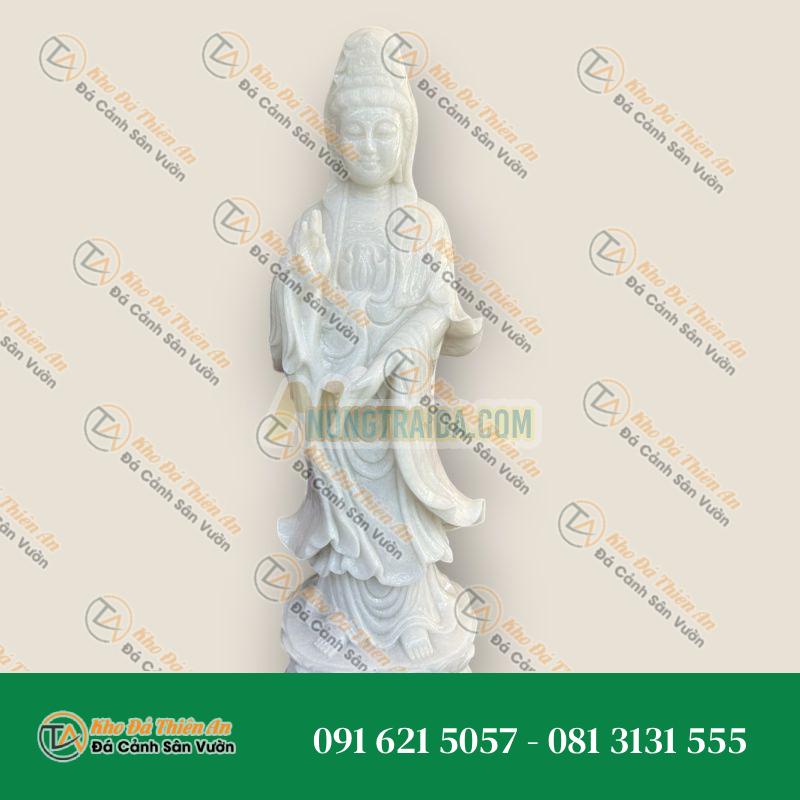 Tượng Phật Bà Quan Thế Âm Bồ Tát Đứng Đài Sen Đá Cẩm Thạch Trắng 60cm
