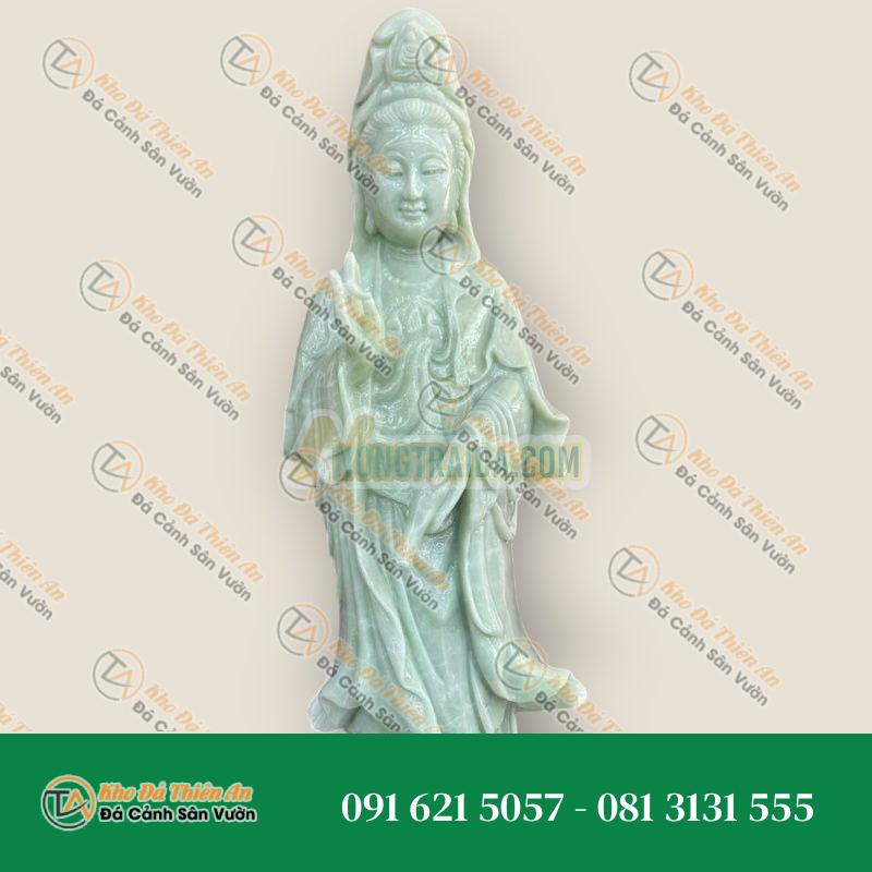 Tượng Phật Bà Quan Thế Âm Bồ Tát Đứng Đài Sen Đá Cẩm Thạch Trắng Xanh – Cao 50cm Giá Rẻ | Phong Thuỷ