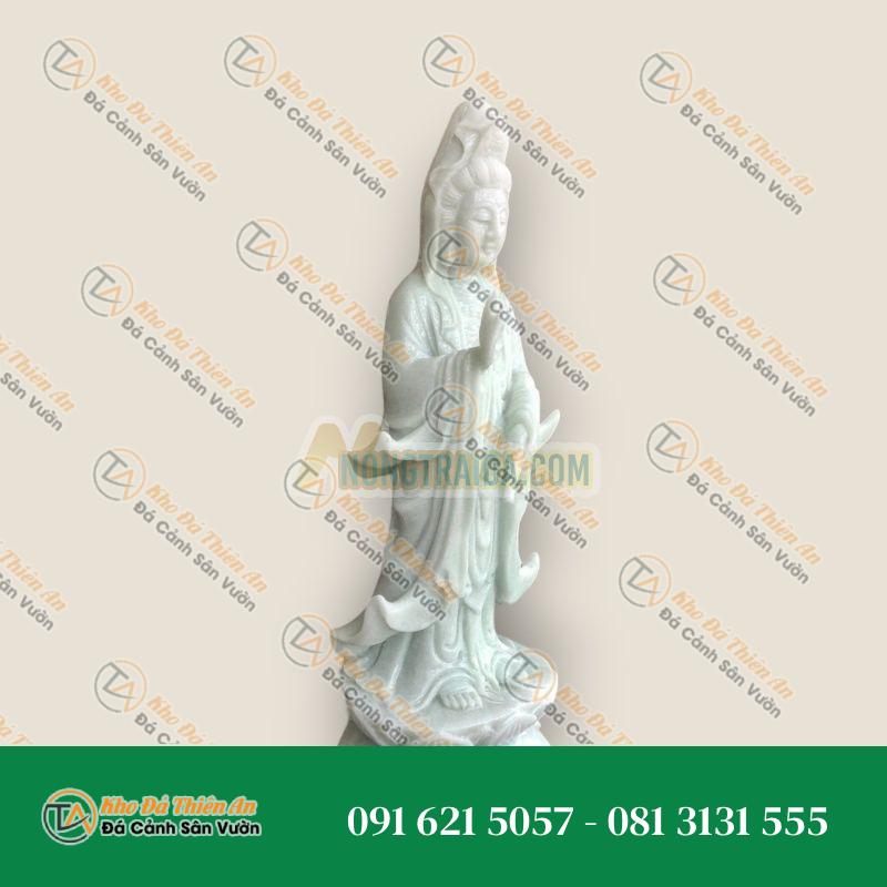Tượng Phật Bà Quan Thế Âm Bồ Tát Đứng Đài Sen Đá Cẩm Thạch Trắng Xanh 50cm