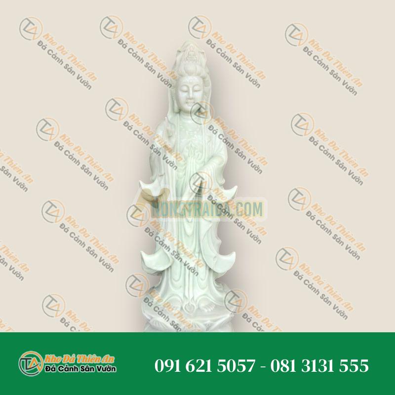 Tượng Quan Thế Âm Bồ Tát Đá Cẩm Thạch Trắng Xanh 60cm – Uy Nghi, Trang Nghiêm | Khodathienan.com