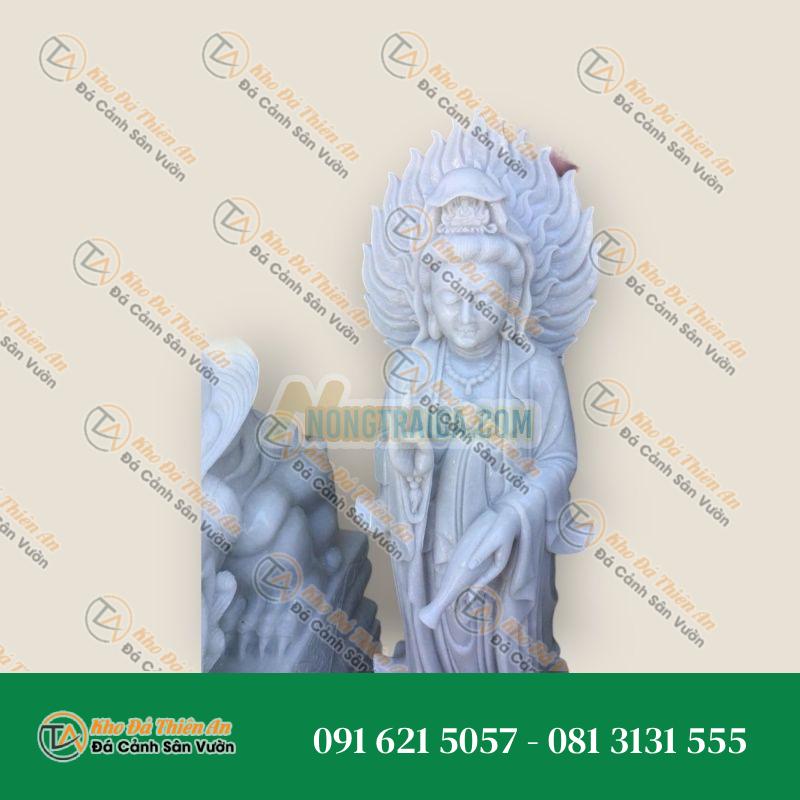 Tượng Phật Bà Quan Thế Âm Bồ Tát Đứng Đài Sen Đá Trắng Xám 1,22m