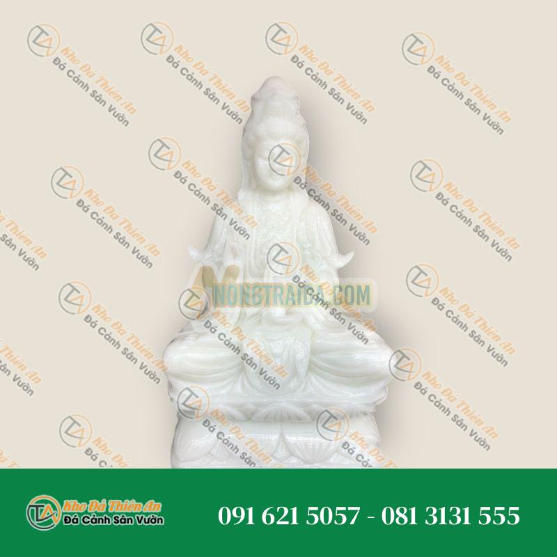 Tượng Phật Bà Quan Thế Âm Bồ Tát Ngồi Đài Sen Cầu Bình An Đá Cẩm Thạch Trắng 40cm