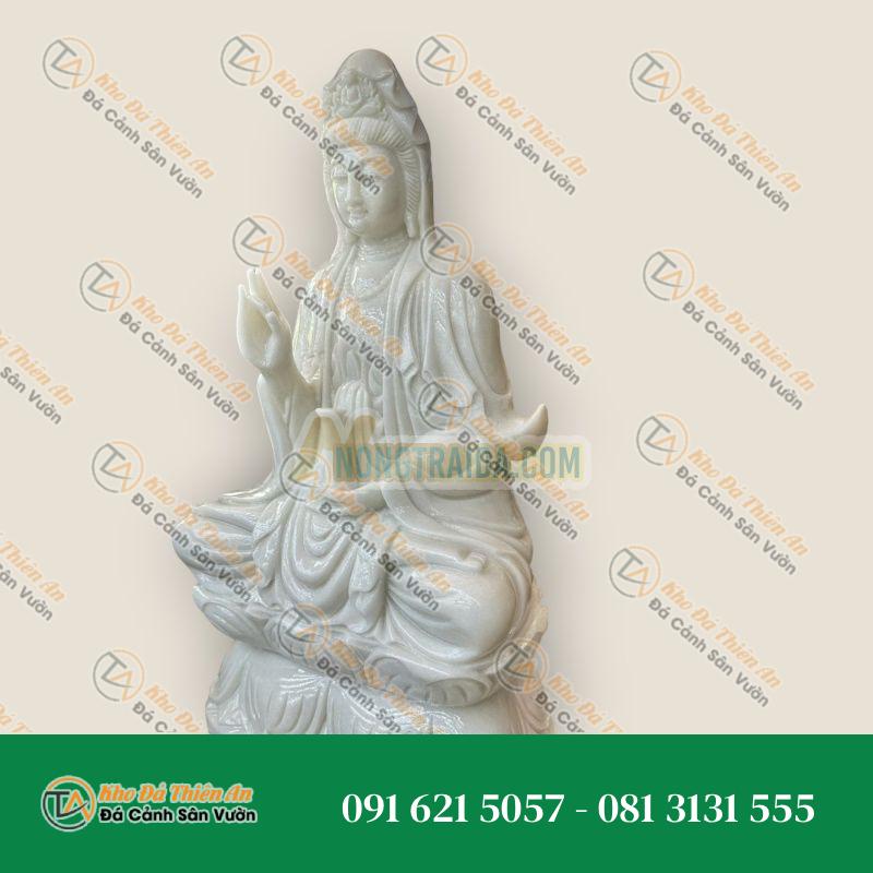 Tượng Phật Bà Quan Thế Âm Bồ Tát Ngồi Đài Sen Cầu Bình An Đá Cẩm Thạch Trắng 60cm