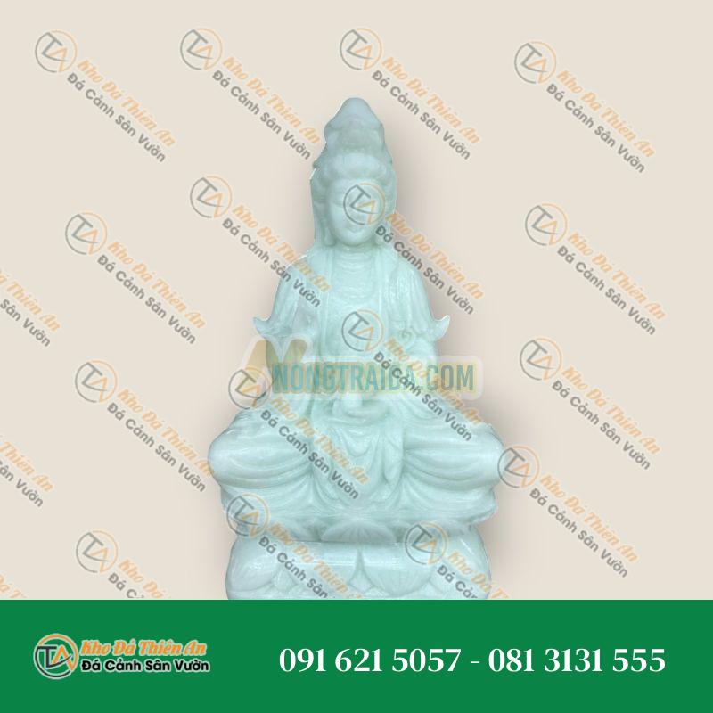 Tượng Quan Thế Âm Bồ Tát Ngồi Sen Cầu Bình An, Đá Cẩm Thạch Trắng Xanh, 40cm | Khodathienan.com