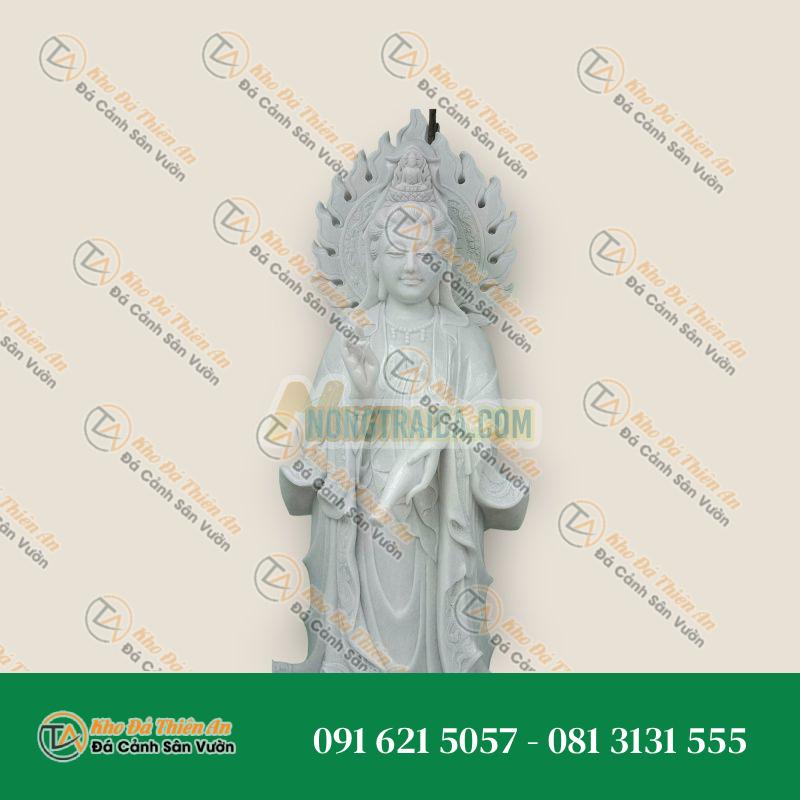 Tượng Phật Bà Quan Thế Âm Bồ Tát Tỏa Hào Quang Đứng Đài Sen Đá Trắng 2,4m