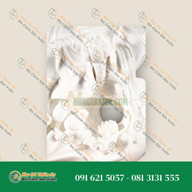 Tượng Quan Âm Bồ Tát – Đá Trắng – Ngồi Biển Sóng Lá Sen – 40cm – Khodathienan.com