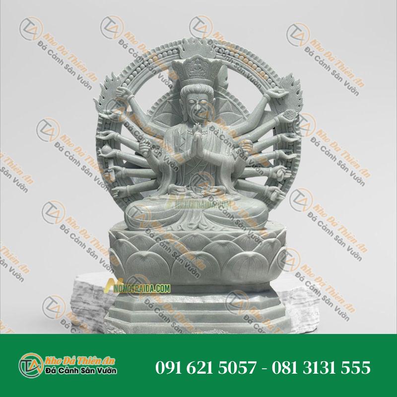 Tượng Phật Chuẩn Đề Bồ Tát Bằng Đá Trắng Vân Xanh | Kích Thước 113cm, Tâm Linh & Sự Tôn Kính