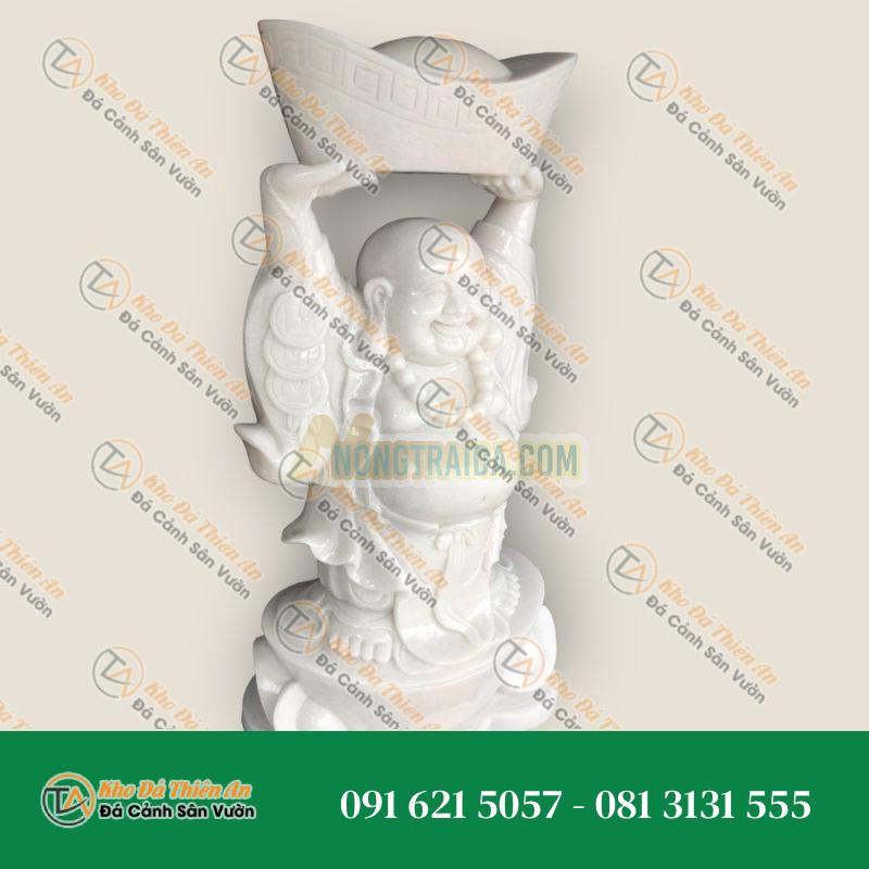 Tượng Phật Di Lặc Đỡ Thỏi Vàng – Đá Cẩm Thạch Trắng – 80cm – Thu Hút Tài Lộc, May Mắn | Khodathienan.com