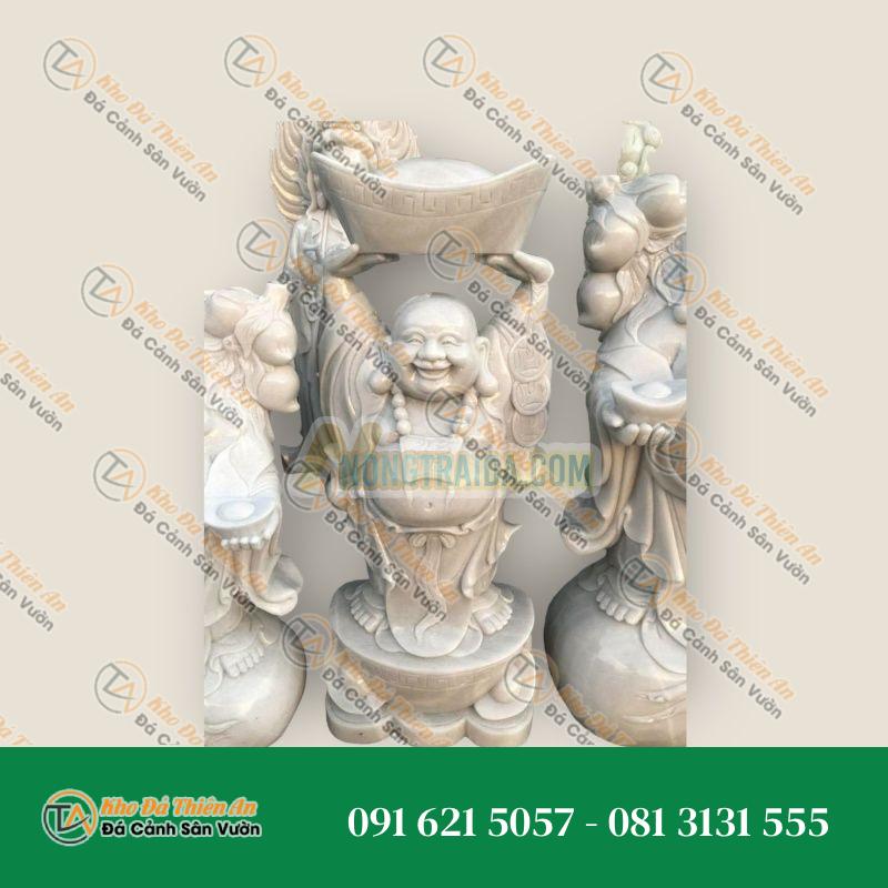 Tượng Phật Di Lặc Đỡ Thỏi Vàng – Đá Cẩm Thạch Trắng Xám – 1m – Phong Thủy May Mắn, Thịnh Vượng | Khodathienan.com