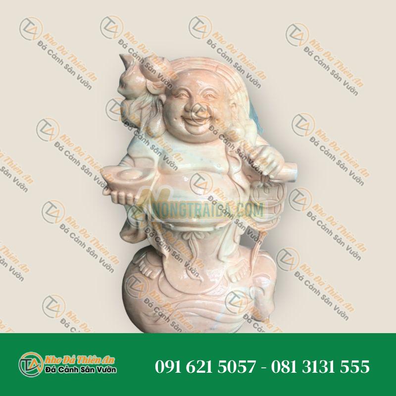 Tượng Phật Di Lặc Gánh Đào Cẩm Thạch Vàng Cà Rốt 50cm – Khodathienan.com